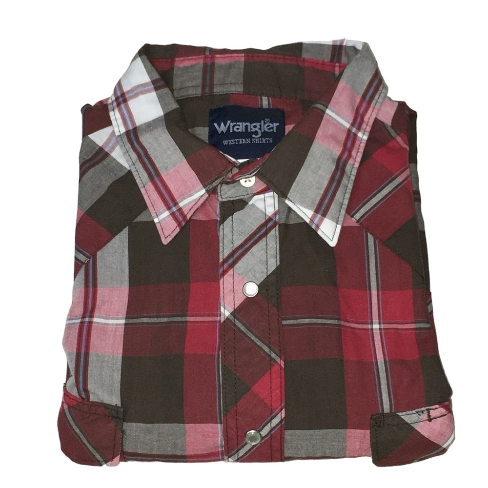 Wrangler Western ‎Pearl Snap Brown Red Plaid Long Sleeve Shirt - Men’s XL